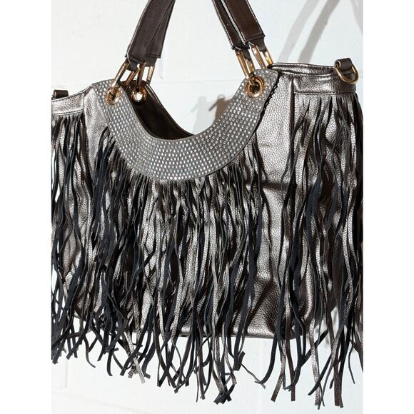 Metallic Silver Fringe Rhinestone Detail Shoulder Bag Hobo Purse Glam - Picture 3 of 6